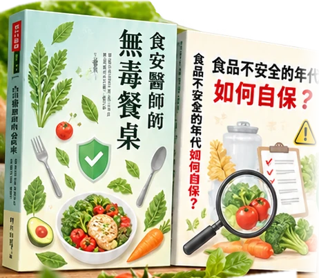 《食安醫師的無毒餐桌》及《食品不安全的年代如何自保?》兩本書籍示意封面
